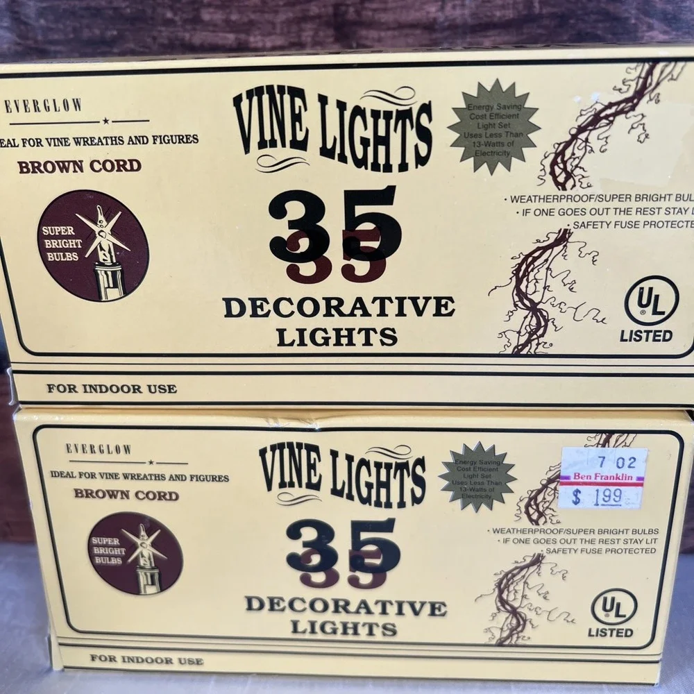 Vintage - New- EVERGLOW‎ 35 Miniature String Lights - Clear - Brown Cord